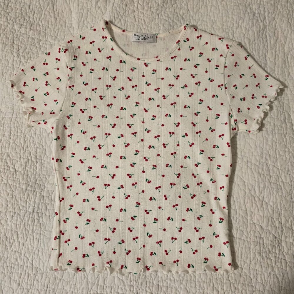 Haley & June White Cherry Ribbed Lettuce Edge Crop Top Shirt Size Small Baby Tee